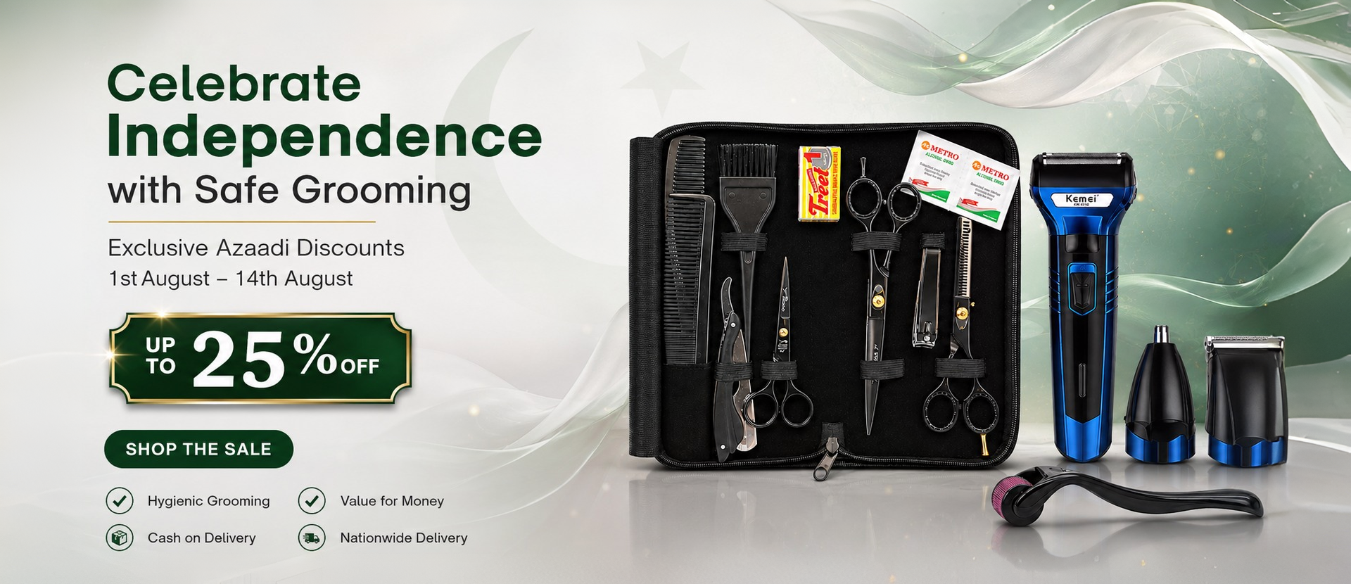 Premium personal barber kit with electric shaver, scissors, combs & hygiene tools for safe home grooming in Pakistan