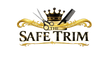A logo-style graphic reading 'THE SAFE TRIM' in black serif lettering with ornate gold flourishes, a black comb, silver scissors, and a gold crown on a white background.