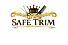 A logo-style graphic reading 'THE SAFE TRIM' in black serif lettering with ornate gold flourishes, a black comb, silver scissors, and a gold crown on a white background.
