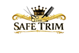 A logo-style graphic reading 'THE SAFE TRIM' in black serif lettering with ornate gold flourishes, a black comb, silver scissors, and a gold crown on a white background.